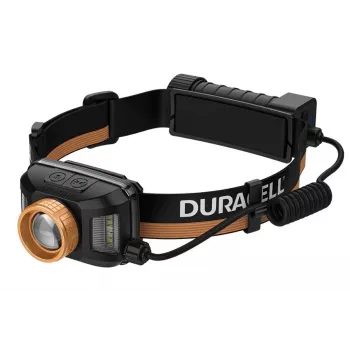 Linterna frontal Duracell DH1500R — negra/naranja, iluminación manos libres recargable