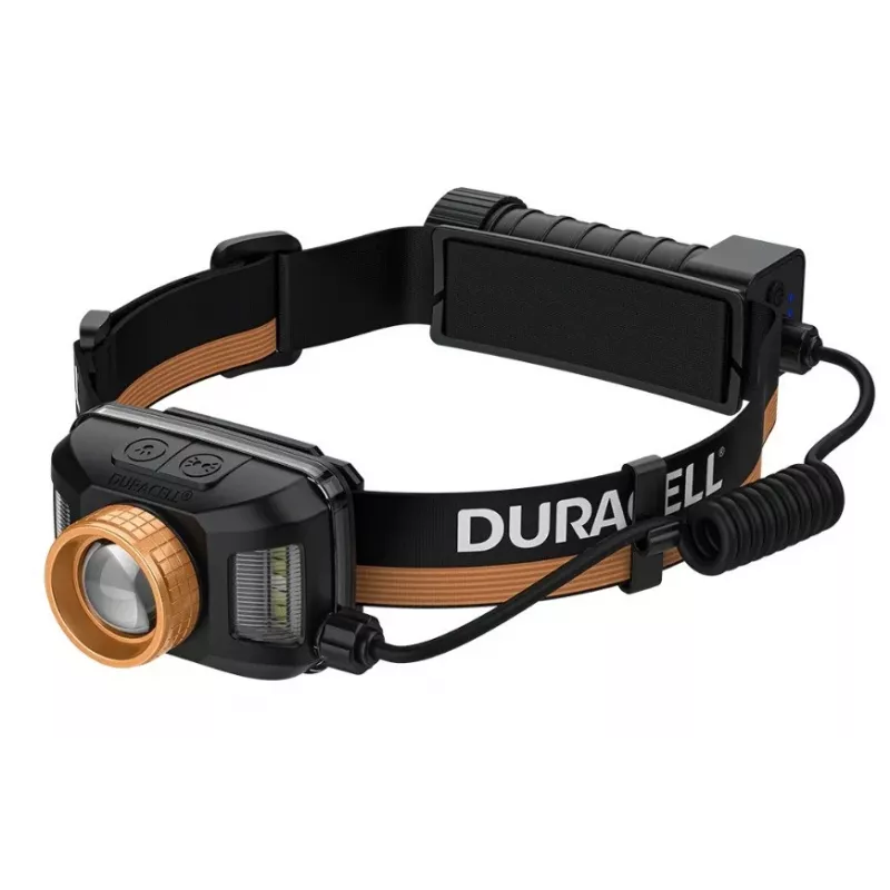 Linterna frontal Duracell DH1500R — negra/naranja, iluminación manos libres recargable