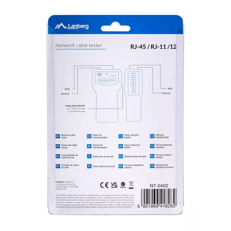 Lanberg NT-0402 comprobador de cables de red PoE, azul/blanco