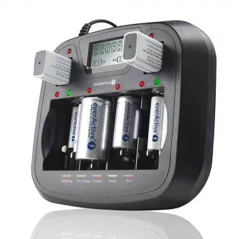 Cargador de baterías everActive NC-900U universal DC — carga AA, AAA, C, D, 9V, hasta 6 celdas, negro