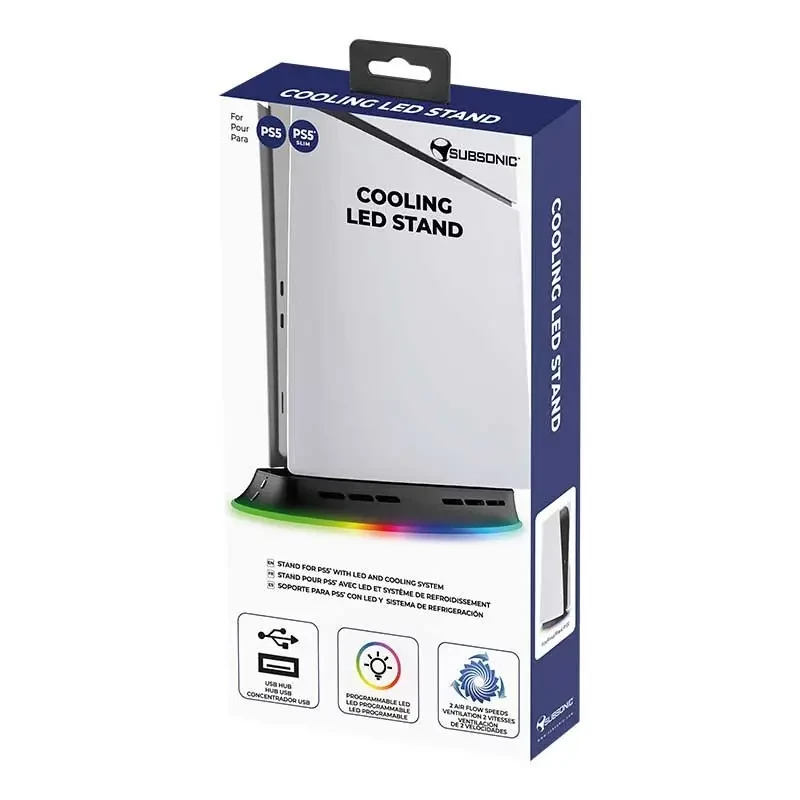 Soporte refrigerador SUBSONIC SA5656 para PS5 y PS5 Slim con iluminación LED, refrigeración multiventilador, alimentación USB