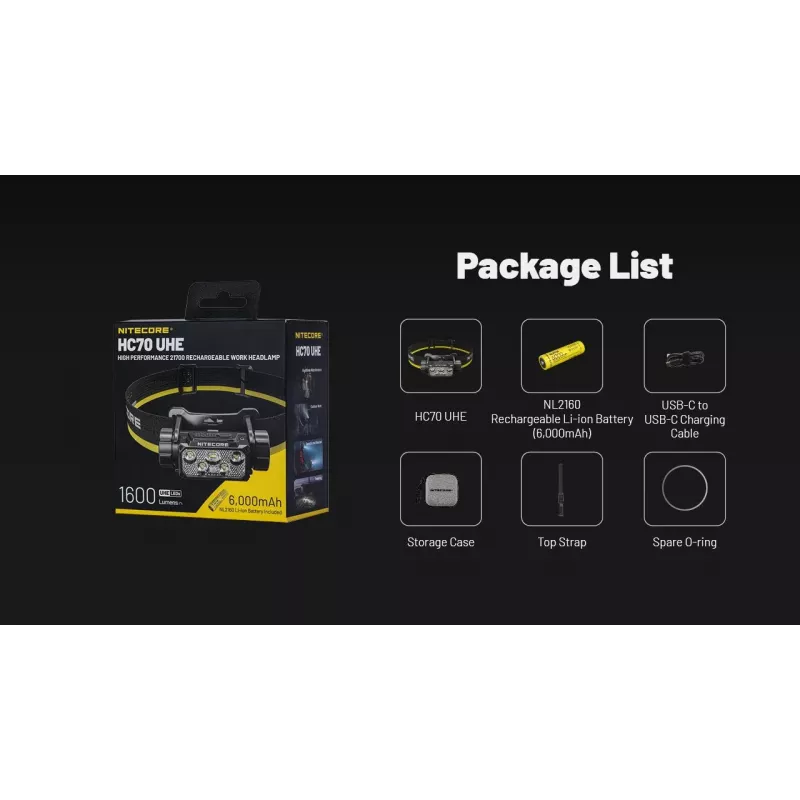 Nitecore HC70 UHE linterna frontal, 1600 lm, 6 LED, IP68, recargable por USB, aluminio, 172 g, negra
