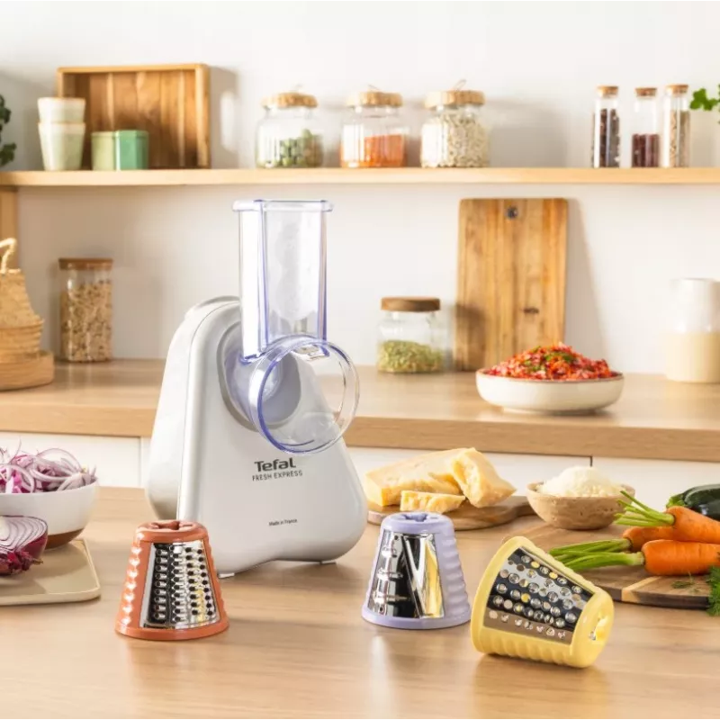 Cortador eléctrico de verduras Tefal Fresh Express DN853BE0 — 150 W, 3 discos intercambiables, 1 velocidad, crema