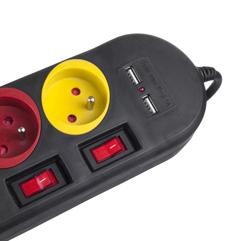 Regleta MACLEAN MCE229B — 4 tomas AC, 2× USB-A, cable de 1,5 m, 10 A, tipo F, interior, negra