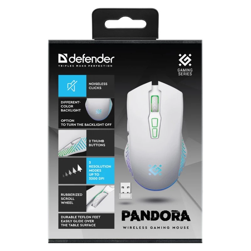 Ratón gaming inalámbrico DEFENDER Pandora White – ambidiestro, 3200 DPI, 6 botones, programable, óptico, USB