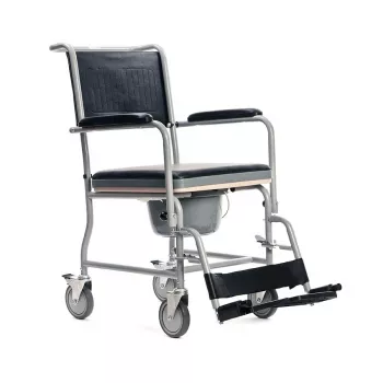 Silla de ruedas para inodoro MDH PLW006VC — silla de inodoro plegable de acero, 4 ruedas, máx. 110 kg, asiento 43×43 cm, ancho 530 mm, peso 11,2 kg