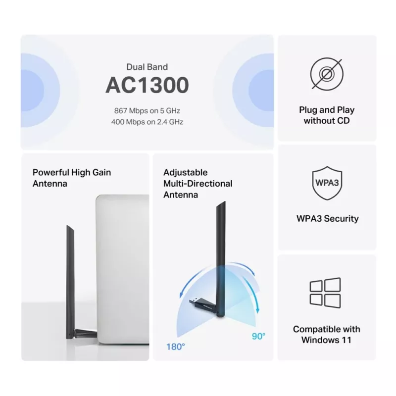 Mercusys MA30H adaptador Wi-Fi USB AC1300 High Gain de doble banda, negro