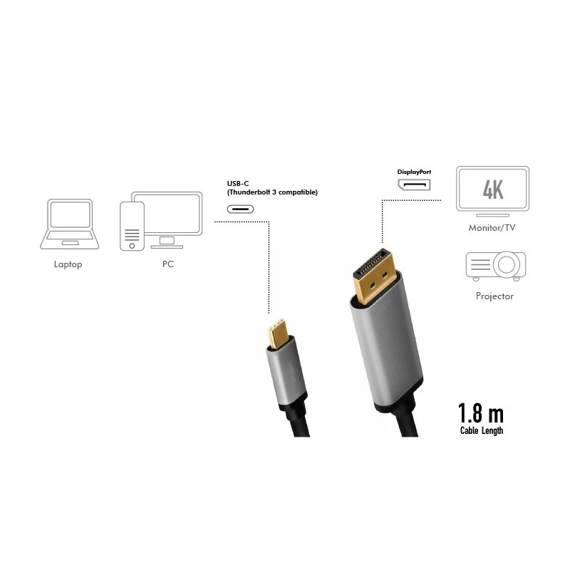 LogiLink CUA0100 Adaptador de cable DisplayPort USB 3.2 Gen1 Type-C 1,8m Negro Gris