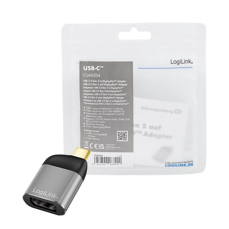 LogiLink CUA0204 adaptador USB-C a DisplayPort negro gris