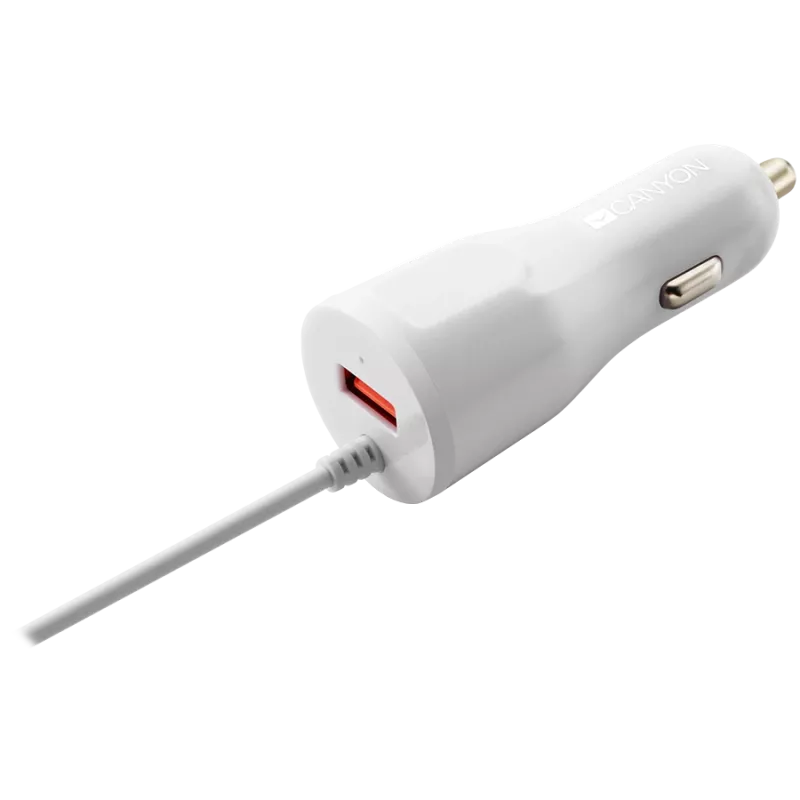 CANYON Cargador para coche C-033 2,4A/USB-A con conector Lightning integrado Blanco