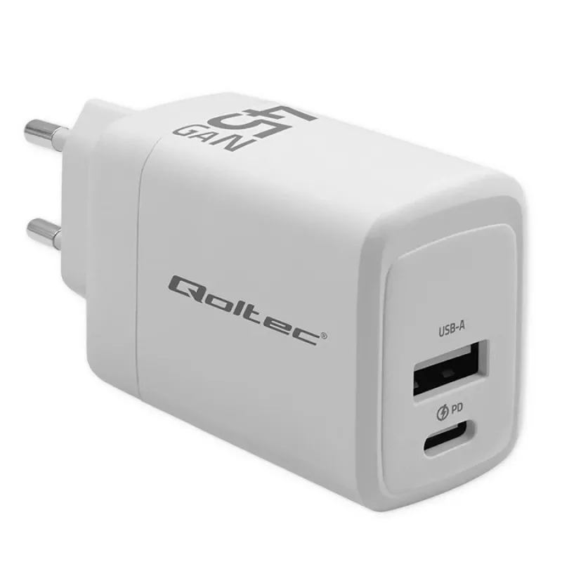 Cargador GaN 45W 5V 20V 1,5A 3A, 1x USB-C PD, 1x USB-A