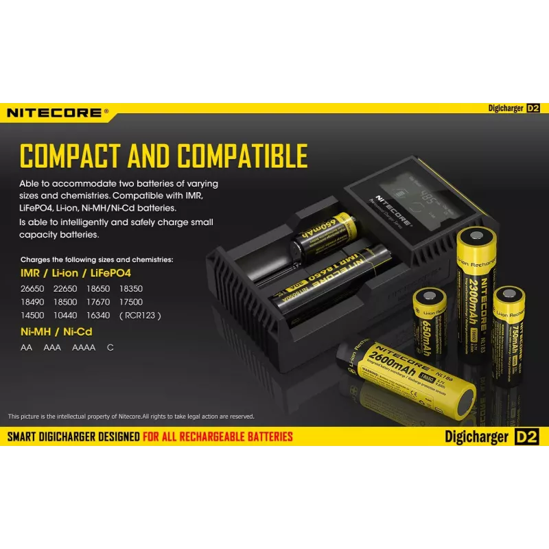 Cargador de baterías Nitecore D2 — cargador de 2 compartimentos para pilas AA/AAA/AAAA/C, tensión de entrada 100–240V, tensión de salida 4,2V, negro
