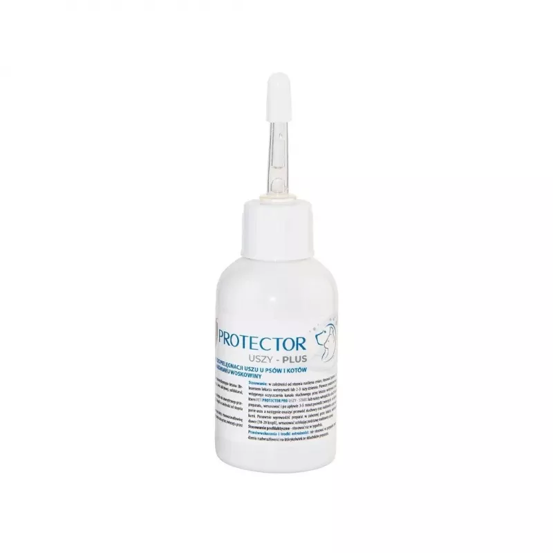 Solución ótica JM Sante Vet Protector Uszy Plus 50 ml — cuidado de oídos para perros y gatos adultos, frasco de plástico