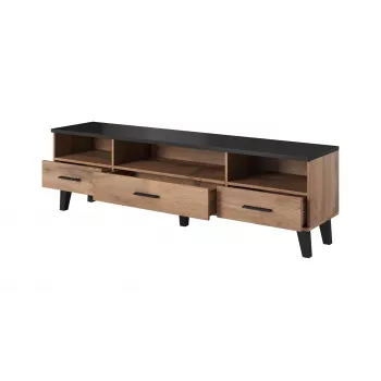 Mueble bajo de TV Cama Meble LOTTA 180 cm — estructura en roble wotan, superficie superior negra mate, 1800×400×530 mm