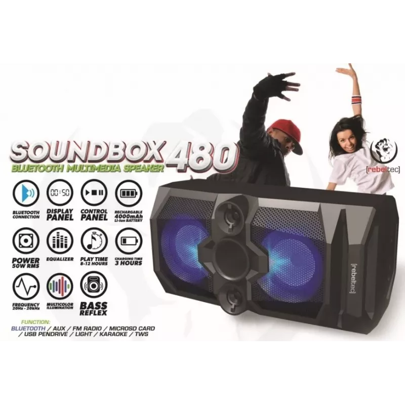 Altavoz estéreo Bluetooth portátil Rebeltec SoundBox 480 negro, 50W RMS