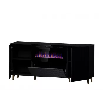 Cómoda con chimenea eléctrica Cama Meble PAFOS 180x42x82 cm negro mate, 3 puertas, 2 estantes, 1400–1600 W