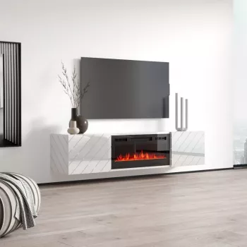 Mueble TV Cama Meble LUXE 1826×345×375 mm blanco brillante con chimenea eléctrica negra incorporada (1400–1600 W)