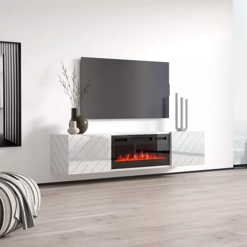 Mueble TV Cama Meble LUXE 1826×345×375 mm blanco brillante con chimenea eléctrica negra incorporada (1400–1600 W)
