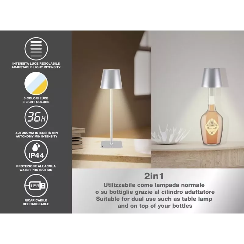 Beper P201UTP117 lámpara de mesa LED recargable, 1,5 W, interruptor táctil, regulable, adaptador para botella de 33 mm, resistente al agua, plateada
