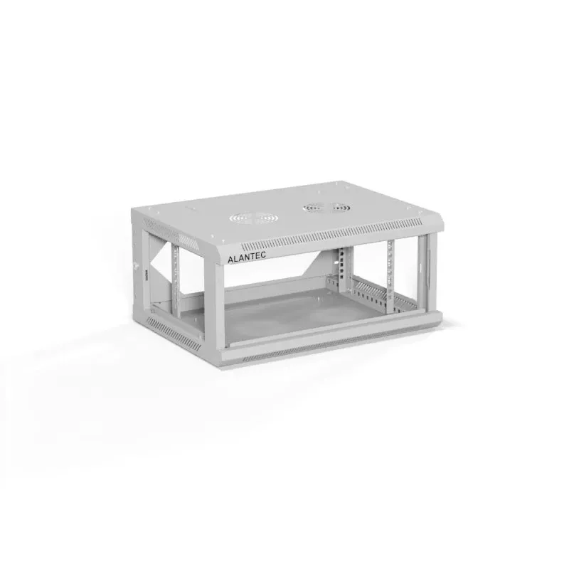 Armario de red de pared de 19 pulgadas 4U Alantec 600 x 450 mm con puerta única de cristal, paredes trasera y laterales completas desmontables