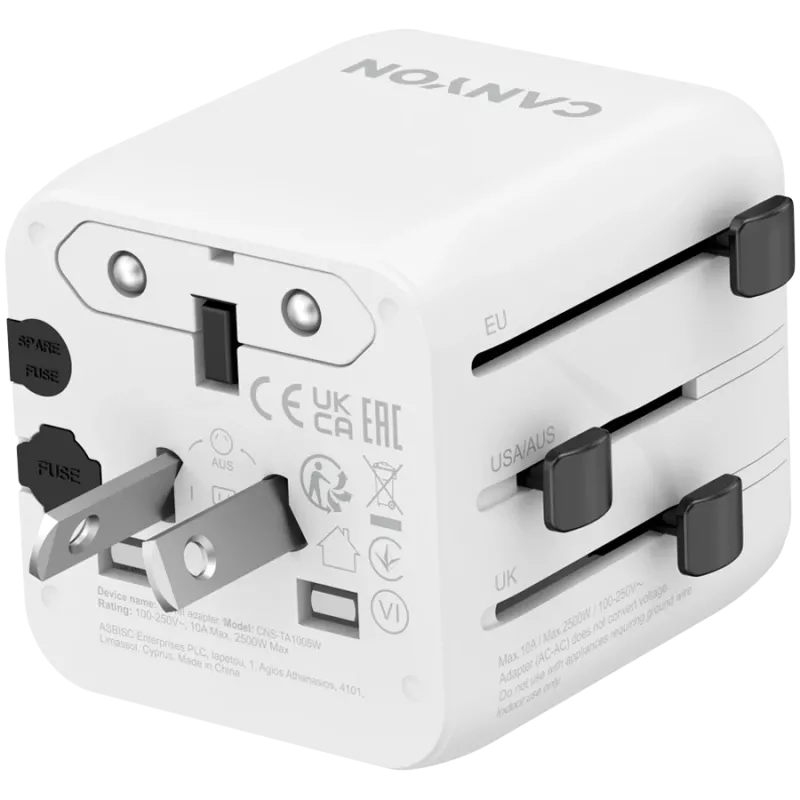 Adaptador de viaje CANYON OnTour One EU UK US AUS blanco (CNS-TA1005W) – conversión universal de enchufes para EU/UK/US/AUS