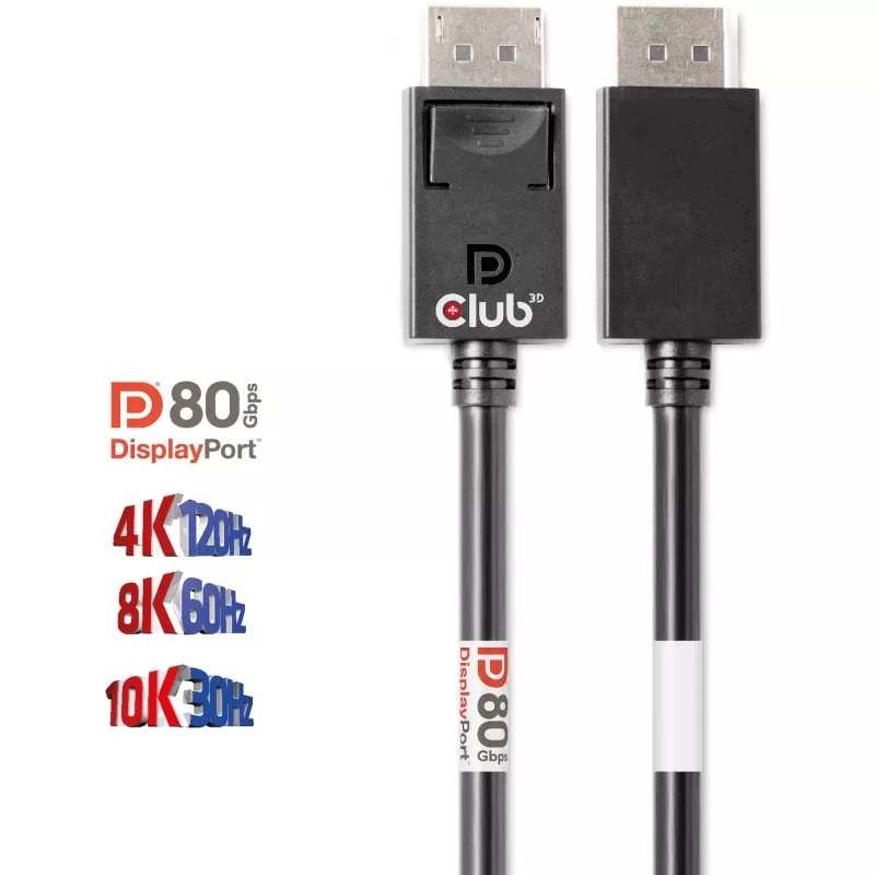 Club 3D CAC-1091 cable DisplayPort 2.1, certificado VESA DP80, bidireccional, 4K120Hz / 8K60Hz / 10K30Hz, macho/macho, 1,2 m