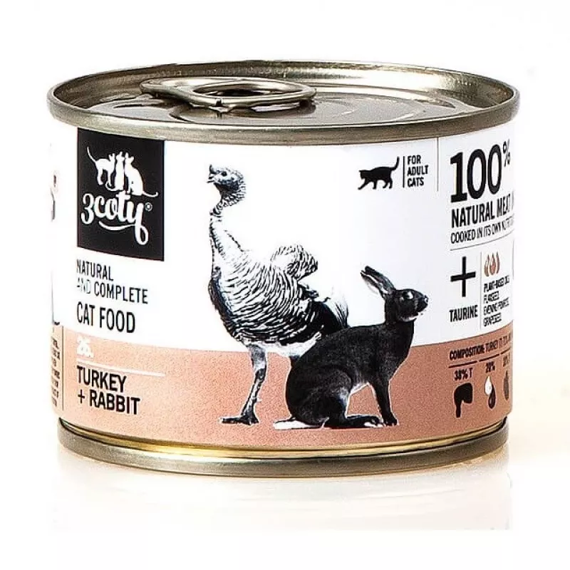 3Coty comida húmeda para gatos con pavo y conejo 180 g