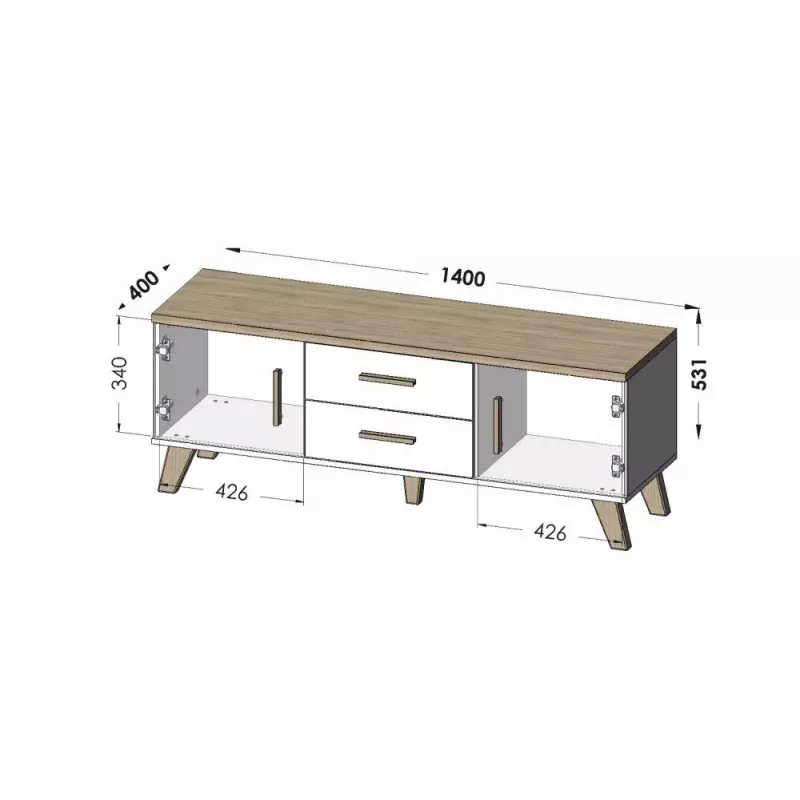 Cama Meble LOTTA 140 cm mueble de TV, roble Wotan + negro mate