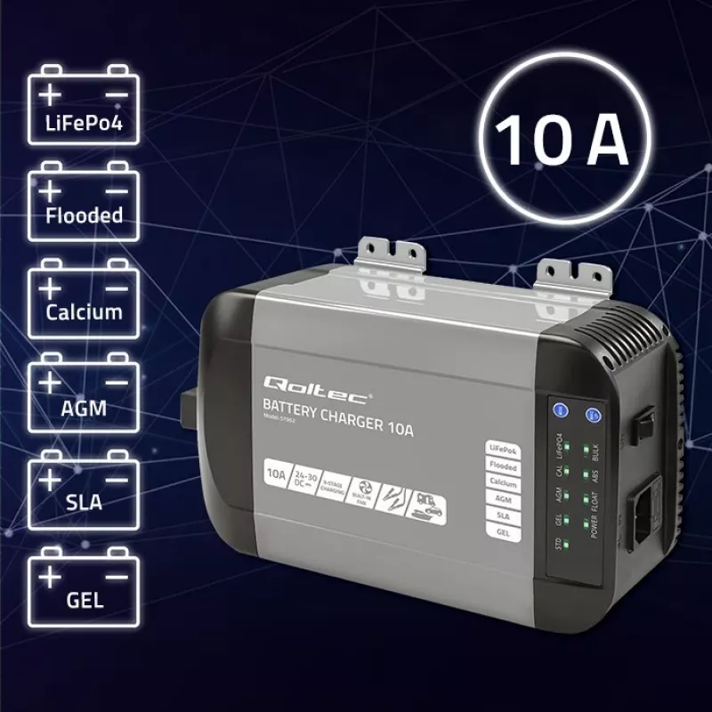 Qoltec 51952 cargador inteligente Monolith para baterías LiFePO4/AGM/GEL/SLA, 10 A, 24 V