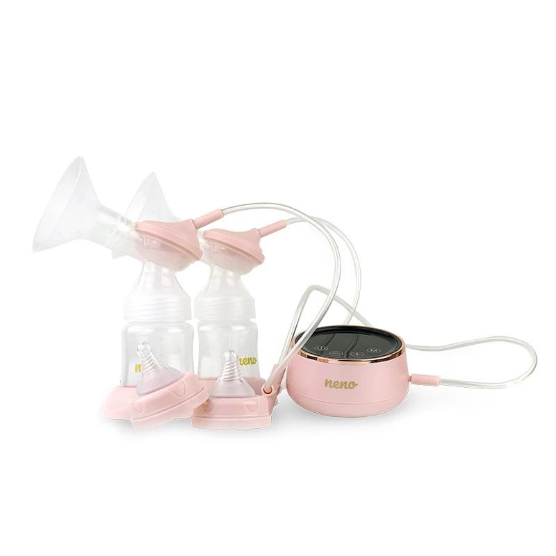 Sacaleches eléctrico neno Bella Twin – electrónico, biberones de 150 ml, 6 niveles de estimulación / 9 de succión, batería de Li-Ion USB, rosa/transparente