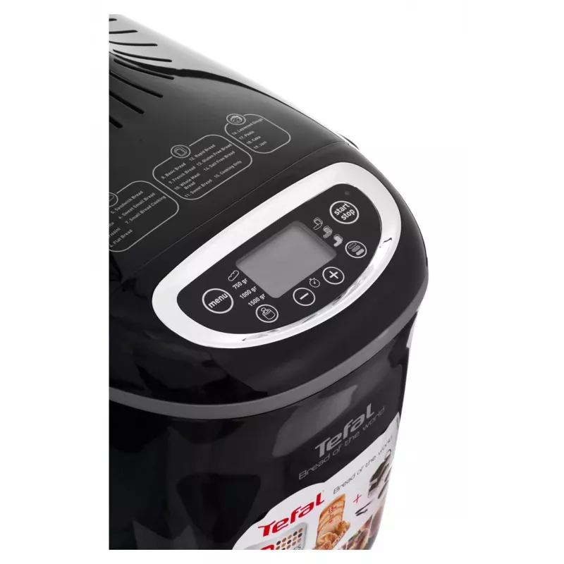Panificadora Tefal PF611838 — 1600 W, capacidad 1,5 kg, 19 programas, control táctil, negra
