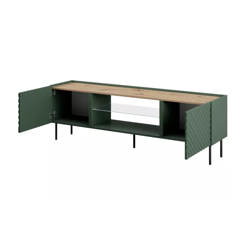 Mueble TV con chimenea eléctrica Cama Meble ONDA 180,5×40×58,0 cm, aglomerado, verde, de pie o para montaje en pared