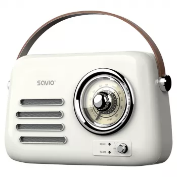 Radio portátil SAVIO RS-02 — sintonizador FM analógico, Bluetooth 5.3, alimentación por USB, 3 W, blanco