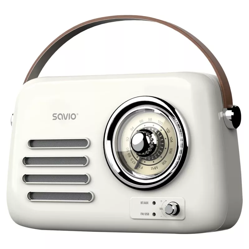 Radio portátil SAVIO RS-02 — sintonizador FM analógico, Bluetooth 5.3, alimentación por USB, 3 W, blanco