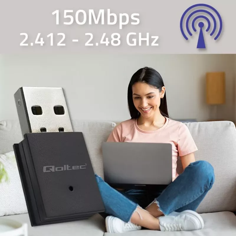 Adaptador USB Wi-Fi mini inalámbrico compacto QOLTEC 57007 – Single-Band 2,4 GHz, hasta 150 Mbit/s, antena interna
