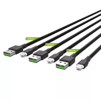 Set de 3 cables Green Cell GC Ray Lightning 200cm con iluminación LED blanca, carga rápida Apple 2.4A