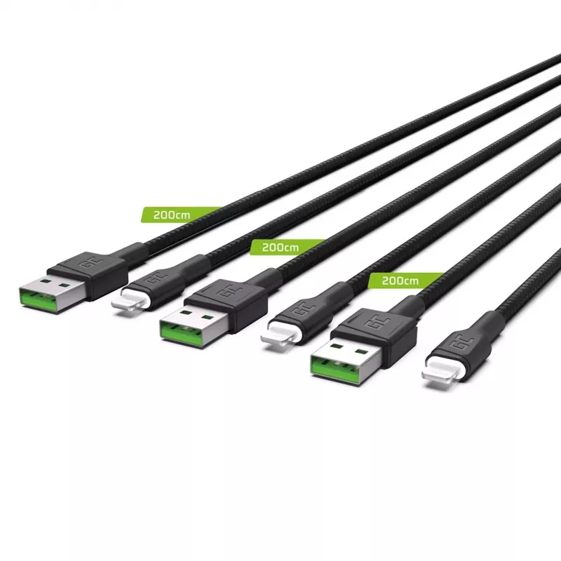Set de 3 cables Green Cell GC Ray Lightning 200cm con iluminación LED blanca, carga rápida Apple 2.4A