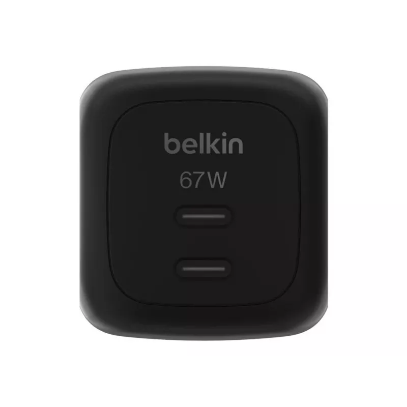 Cargador rápido AC de interior Belkin WCH020kqBK, 2× USB-C, compatibilidad universal, protección eléctrica, negro