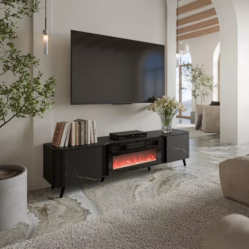 Mueble TV Cama Meble Volare 200 x 39 x 49 cm, negro/san sebastian con chimenea