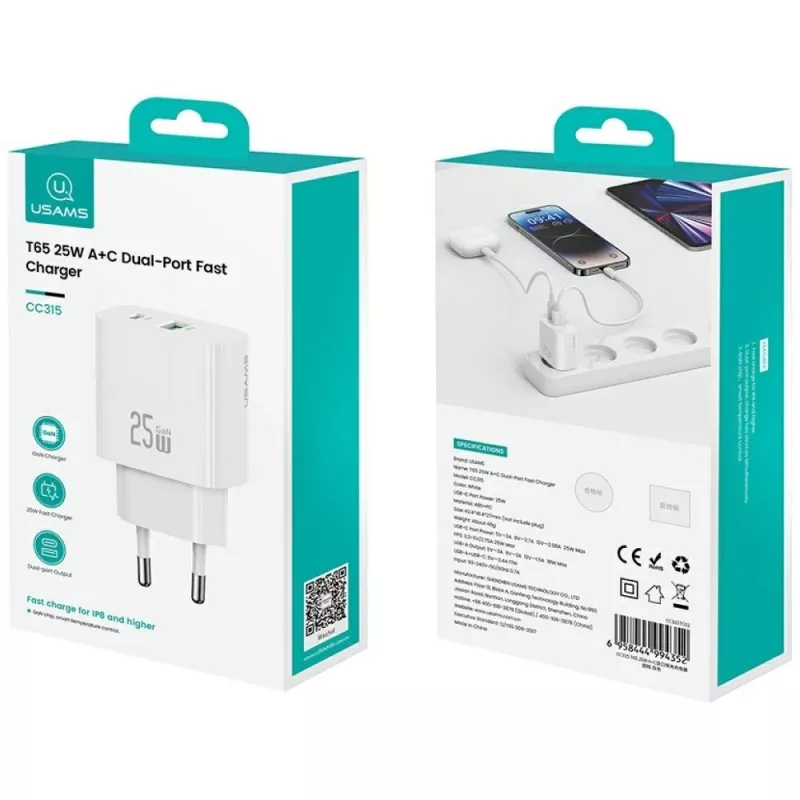 Cargador usams USA001630 25W, 1× USB-A + 1× USB-A, carga rápida