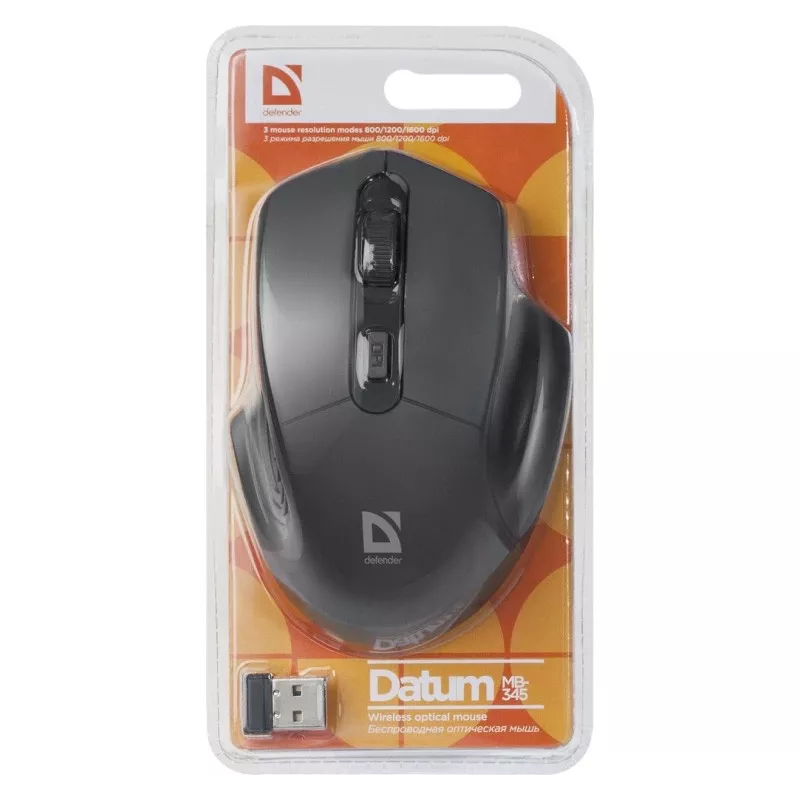 Ratón óptico inalámbrico DEFENDER Datum MB-345 RF, ambidiestro/diestro, 1600 DPI, 3 botones, receptor USB RF, negro