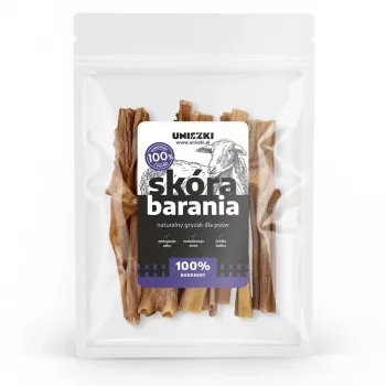 Premio para perros UNISZKI piel de cordero 100 g — masticable hipoalergénico de cordero, bolsa de 100 g, proteína 50,79 %, grasa 36,37 %