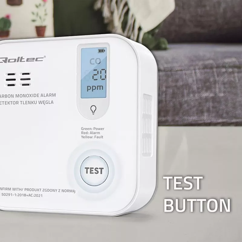 Sensor de monóxido de carbono QOLTEC 52577 — alarma a pilas, nivel sonoro 85 dB