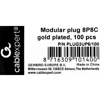 Conector macho RJ45 GEMBIRD PLUG3UP6/100, Cat5, conector recto, transparente, contactos dorados, pack de 100