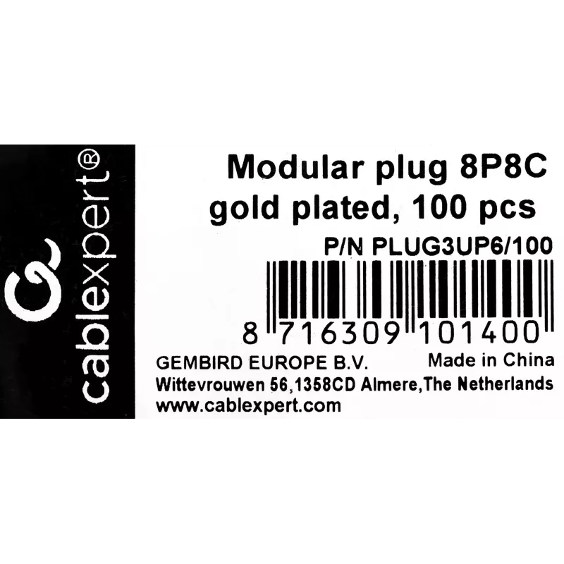 Conector macho RJ45 GEMBIRD PLUG3UP6/100, Cat5, conector recto, transparente, contactos dorados, pack de 100