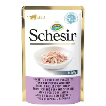 SCHESIR en gelatina atún y pollo con jamón - Comida húmeda para gatos - 50 g