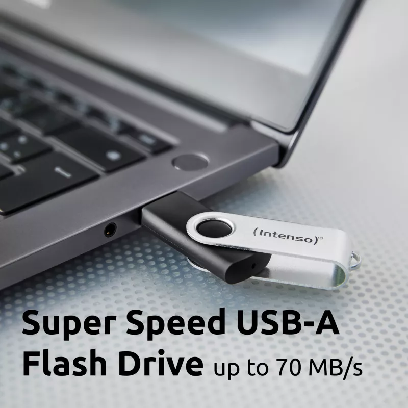 Memoria USB Intenso Office Line, 64 GB, USB-A, 3.2 Gen 1x1, negro-plata, 64 GB, USB Type-A, 3.2 Gen 1 (3.1 Gen 1), anillo giratorio, negro, plata
