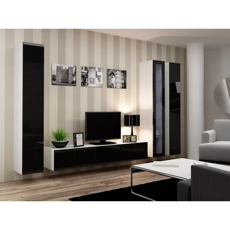 Conjunto de armarios de salón Cama VIGO 2 blanco/negro brillante