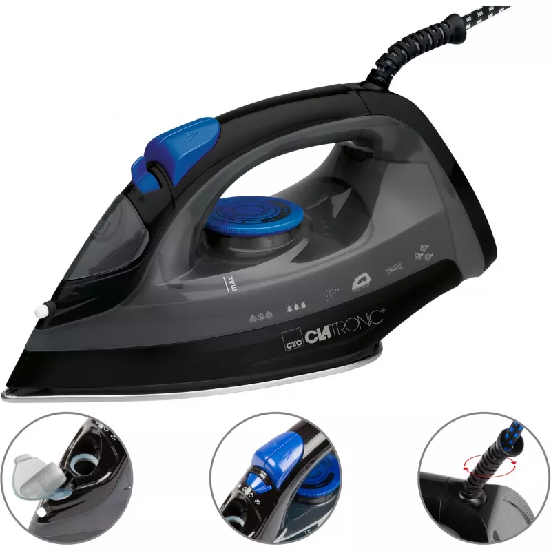 Plancha CLATRONIC DB 3703 — plancha en seco y con vapor, suela de acero inoxidable, 1800 W, negro/gris