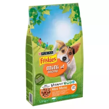Comida seca para perros Purina Nestle FRISKIES Mini Menu Pollo con verduras 1,5 kg — razas pequeñas adultas, 25 % proteína, 12 % grasa